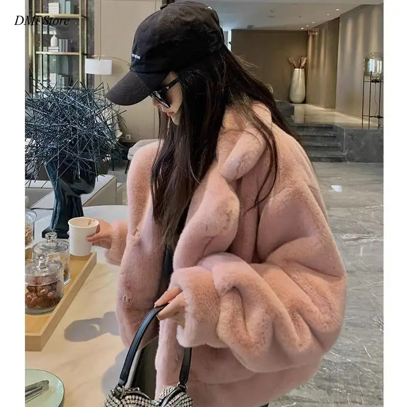 DIMI Ladies Faux Fur Coats Rabbit Fur White Pink Jacket for Women Women's Winter Fur Coat Loose Casual Thick Warm Short