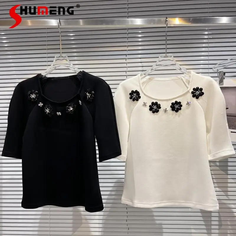 

Женская футболка с коротким рукавом, элегантная хлопковая Футболка с блестками, бусинами, стразами и цветами, весна-лето 2022