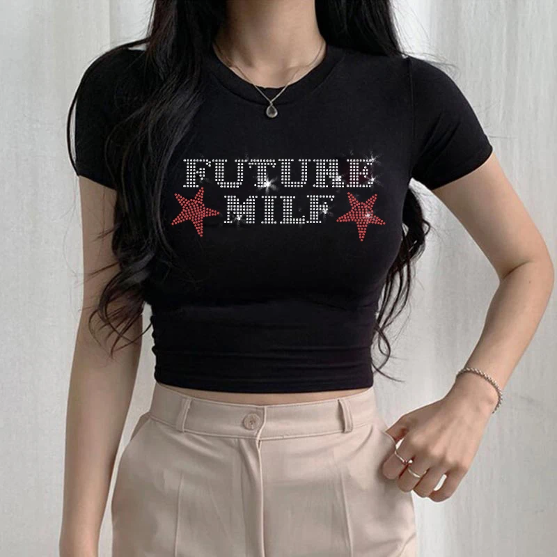 

Y2k Clothes Star Rhinestones Letter Print Grunge Summer Baby Tee Crop Tops 2000s Streetwear Retro Goth Short Sleeve T-shirts Emo