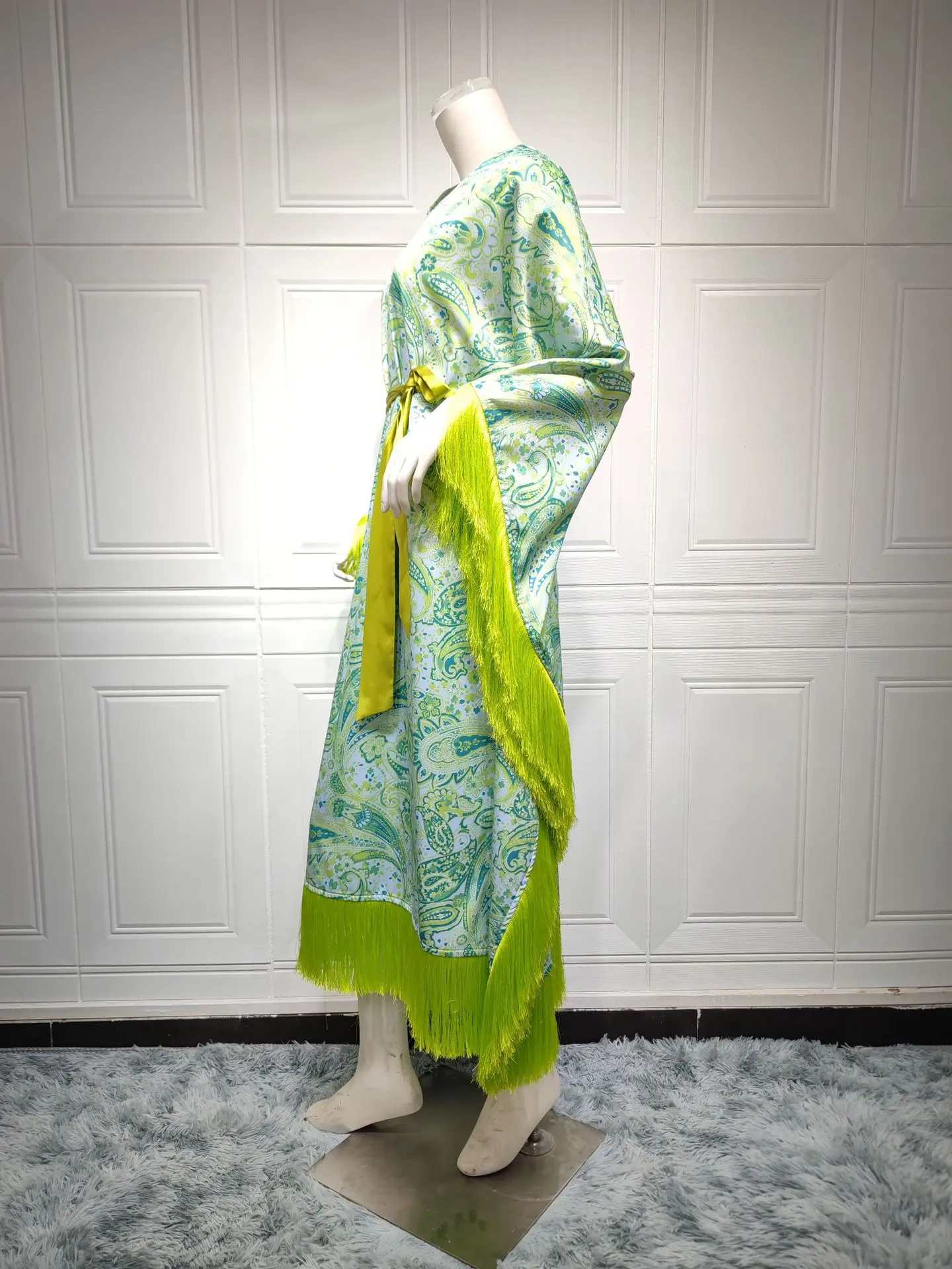 Floral Printing Party Evening Dress Bat Sleeve  Tassel Patchwork Belted Oversized Gown Banquet Kaftan Turkey Women Muslim Abaya
