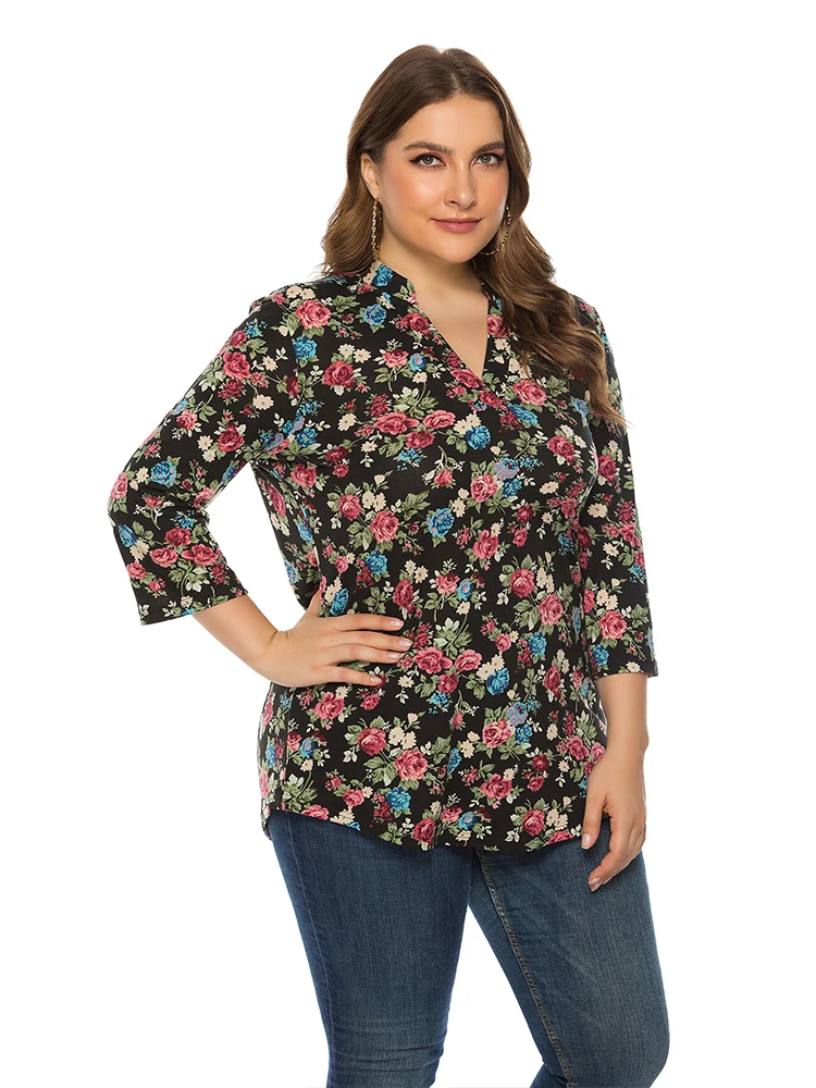 2022 Plus Size Women Clothing Summer Casual Flowers Print T Thirt O Neck For Women's Tunic Peplum Fashion Tops Blouse Tee