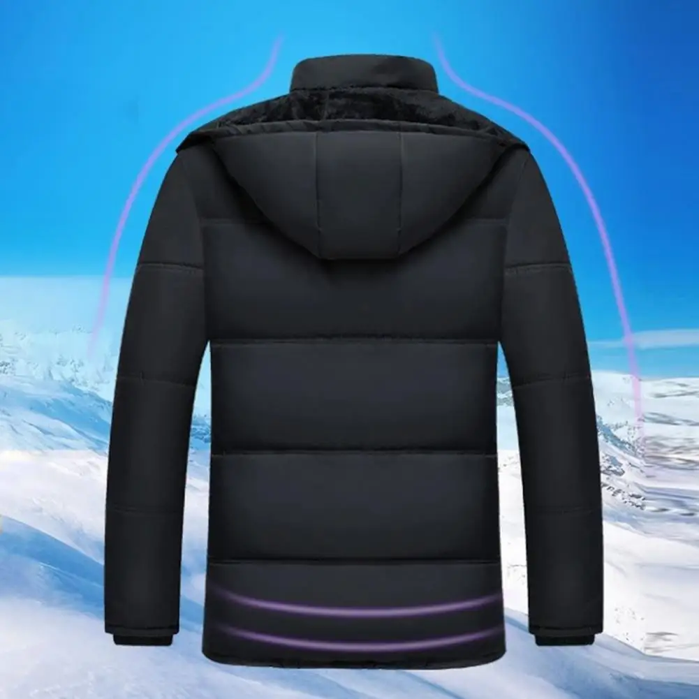 Fleece Lining Stand Collar Long Sleeve Pockets Buttons Zipper Placket Men Coat Winter Thickened Cotton Padded Mid-Length Hooded