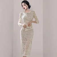 2022 summer new korean womens high end temperament round neck three quarter sleeve elegant slim lace holiday fashion dress