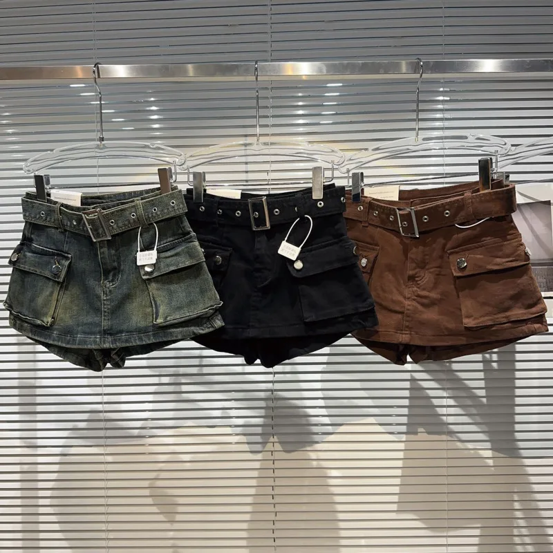 

PREPOMP 2023 Autumn New Collection Big Pockets Belt Denim Shorts Skirt Women Short Jeans GL211