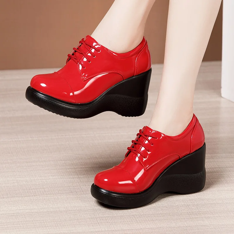 

Small Size 32-43 Deep Mouth Oxfords Female Platform Pumps 2022 Fall Winter Bright Leather Wedges Shoes Woman High Heels
