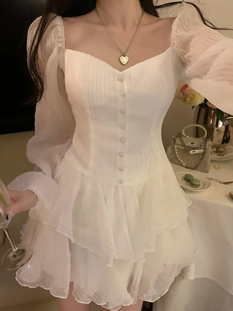

Elegant Sexy Dress Women Summer Vintage Party Mini Dresses Female Holiday Korean Fashion Puff Sleeve Chic Retro Dress 2022 New