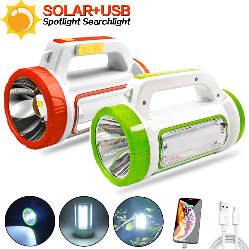 

Solar+USB Rechargeable LED Searchlight Portable Flashlight Hook Camping Tent Flood Light Outdoor Waterproof Power Bank Spotligh