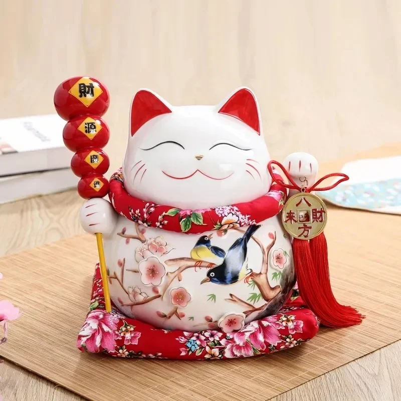 10-дюймовая красная керамическая копилка Manaki Neko Feng Shui Decor Lucky Cat Beckoning