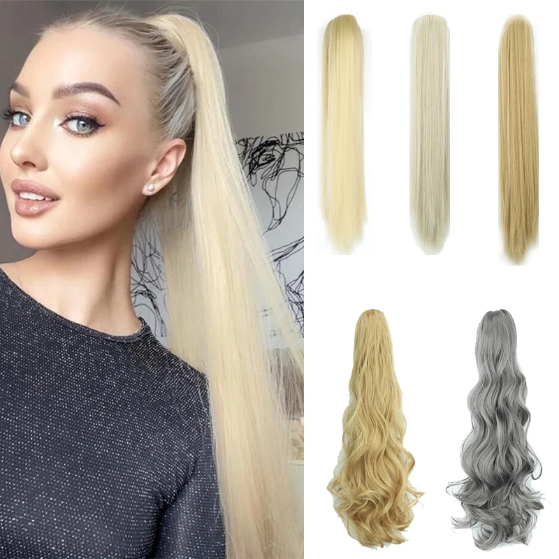 

Synthetic Long Straight Claw Clip Ponytail Hair Extensions 24Inch Blonde Natural Wavy Pony Tail Hair Piece for Women Daily Party