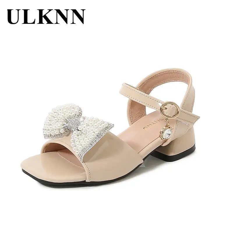 

Girls Princess Sandals Kid's Pearl Bow High-heeled Sandals Summer New High-heeled Sandals Antiskid Peep-toe Students Shoes