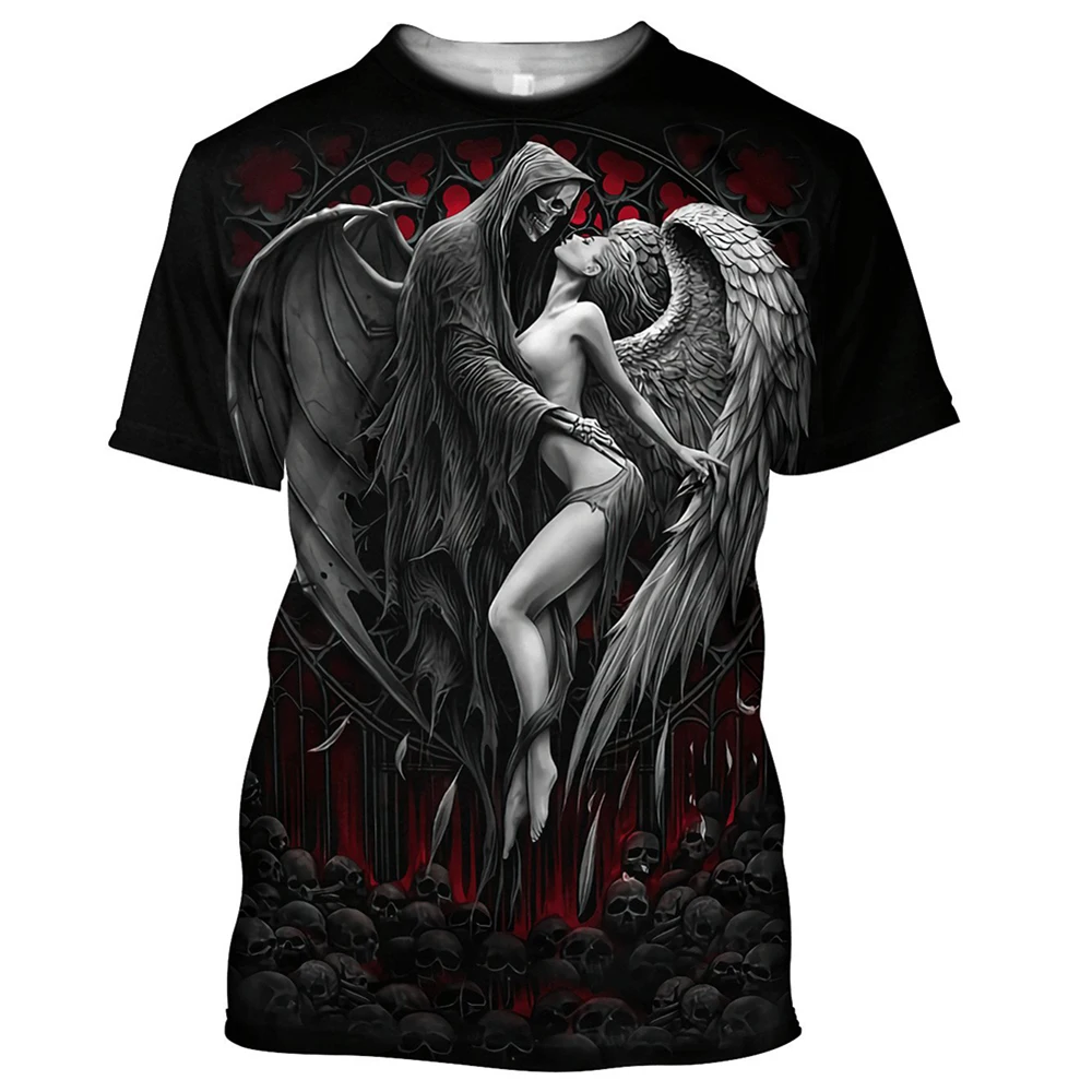 

YUHA,Reaper Skull Angel And Demon 3D Printed All Over Men's T-shirts Summer Fashion Harajuku Short Sleeve Shirts Unisex Tops Tee