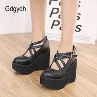 gdgydh thick bottom solid buckle platform mary jane pumps women wedge heels gothic lolita shoes woman spring footwear outdoor