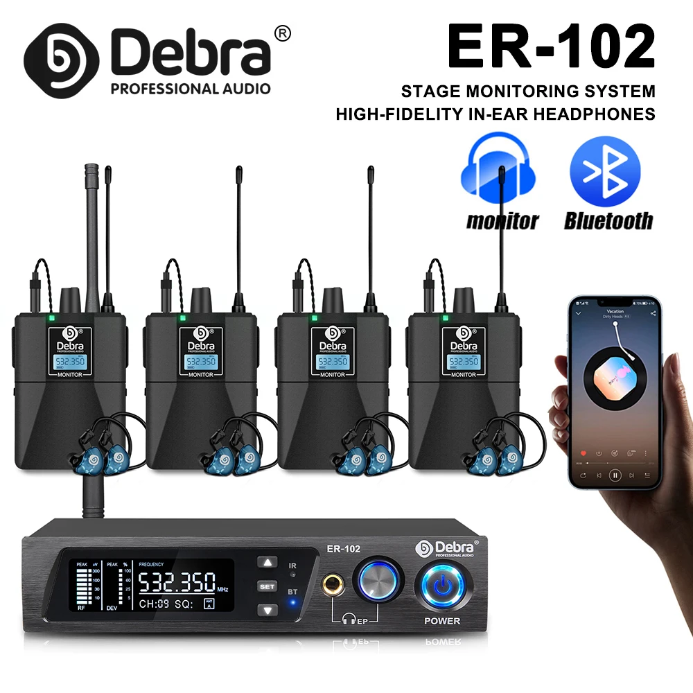 Фото Профессиональная беспроводная система Debra ER-102 UHF IEM для сценического мониторинга с несколькими передатчиками для выступлений на небольших сценах №1