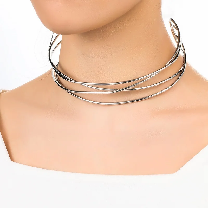 

Women's Alloy Necklace Gold Silver Torque Statement Necklace Fashion Simple Neck Jewelry Premium Cutout Line Cross Collar