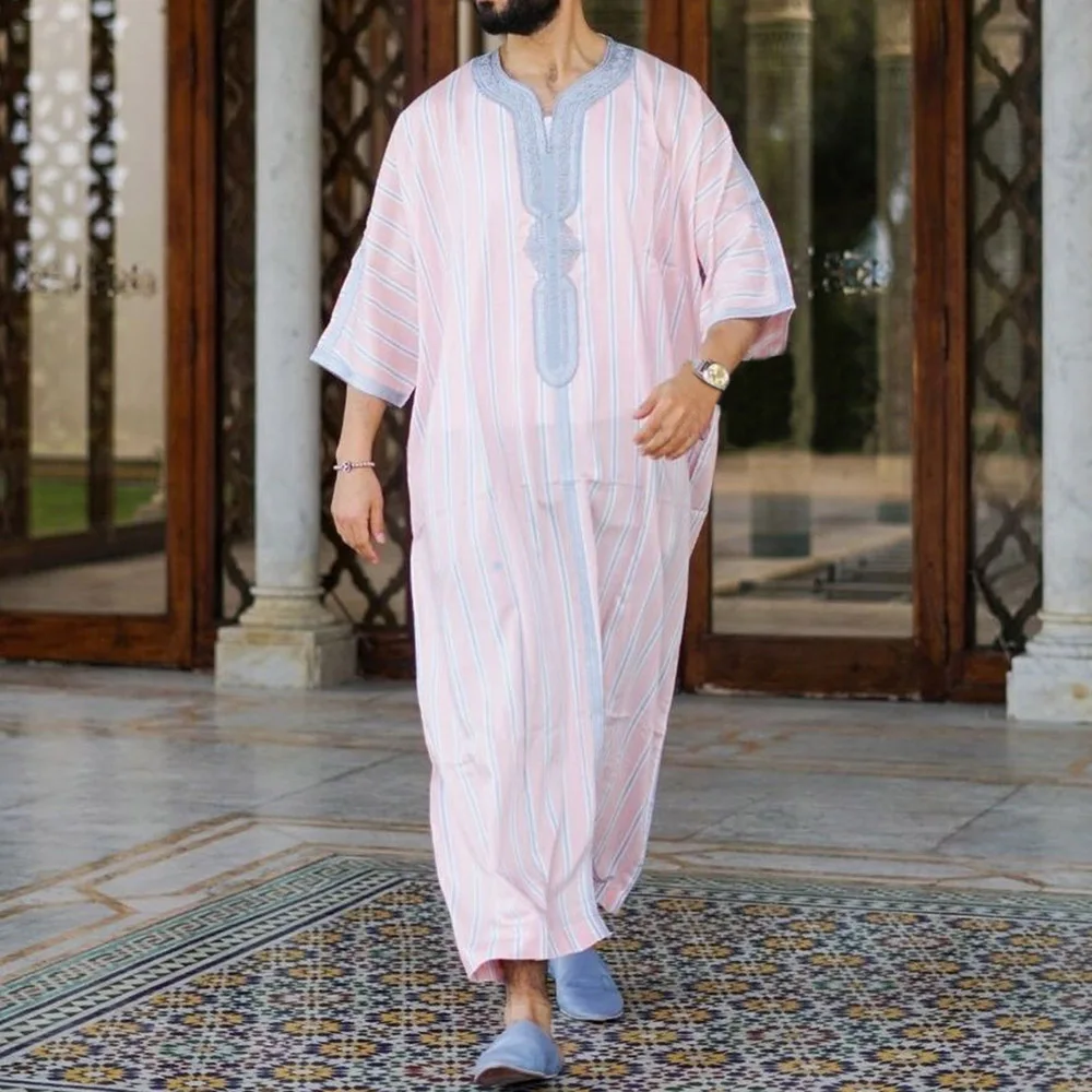 (M-4XL) Pink Blue Thobe With Bordures Galabiyya Jubbah Islamic Saudi-arabien Wear Prayer Jubbah Gift For Him Muslim Mode