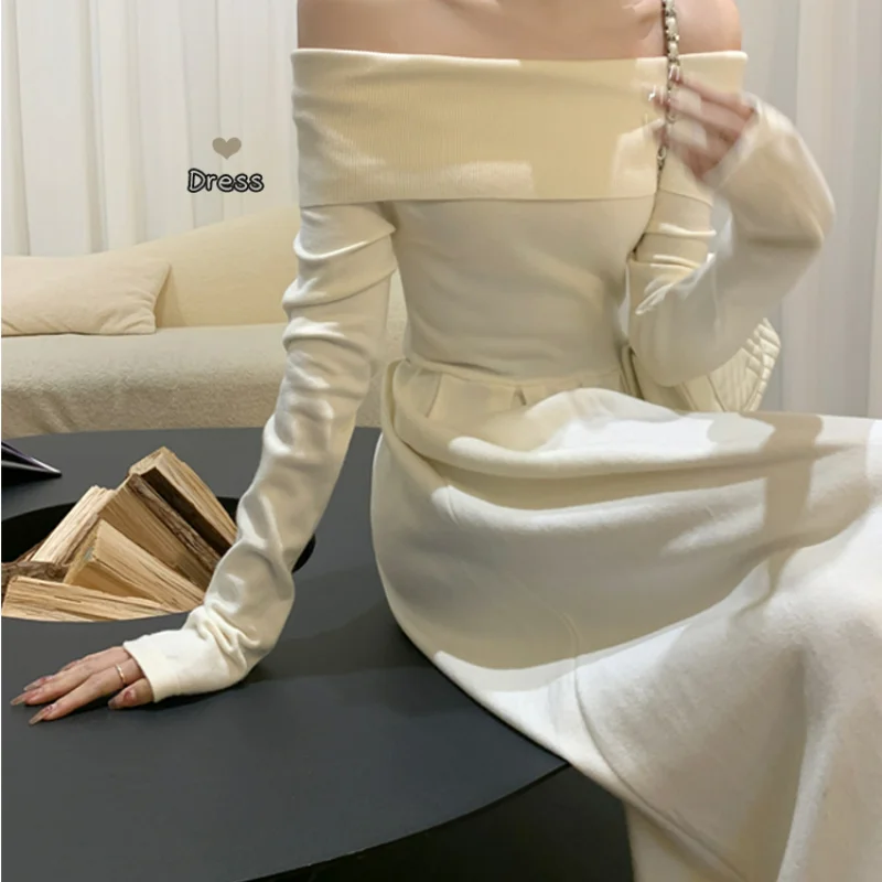 

Женское трикотажное платье Y2k, элегантное однотонное платье во французском стиле с воротником-лодочкой и открытыми плечами и длинным рукавом