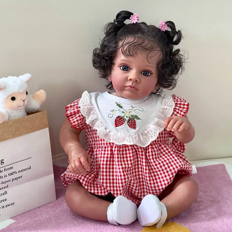 60CM Reborn Toddler Tutti in Dark Brown Skin Newborn Baby Girl Doll Lifelike Soft Touch High Quality 3D Skin Art Doll