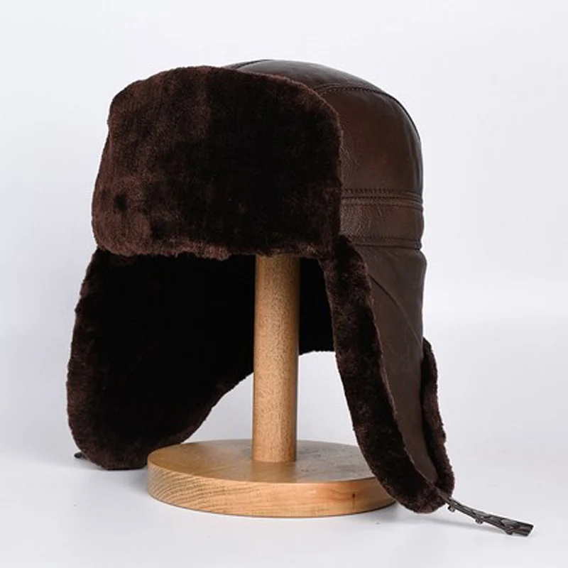 

Men Big For Tab Hat Winter Male Genuine Leather Faux Fur Warm Bomber Caps Elderly Outdoor Cycling Windproof Snow Casquette