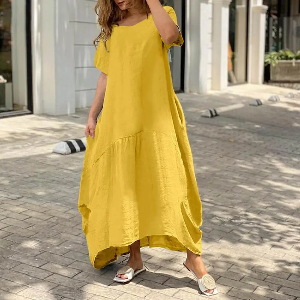

Maxi Dress Big Hem Lady Dress Solid Color O Neck Women Summer Dress Lady Garment