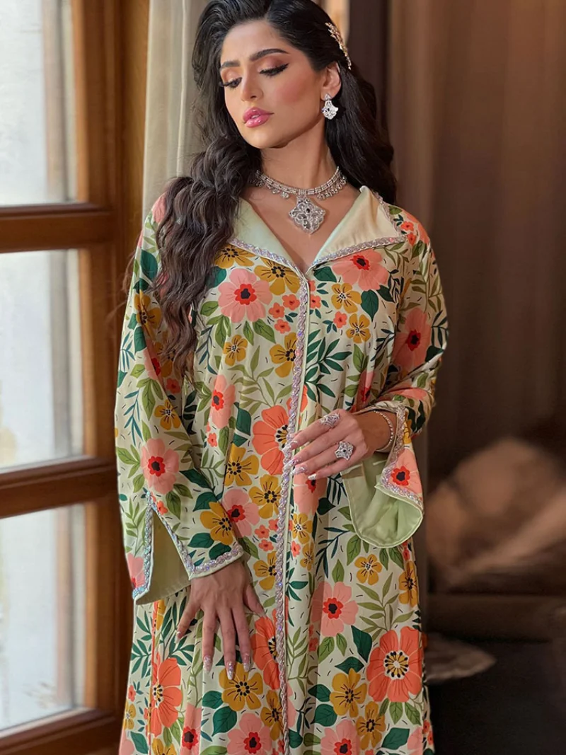 Floral Kaftan Arabic Long Dress Women Diamonds Trimming Muslim Evening Dresses Gulf Jalabiya Moroccan Party Cafatan  Abaya 2023