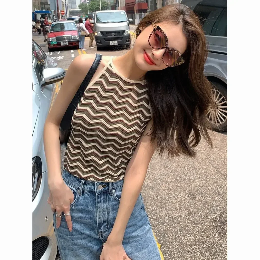 Женское трикотажное пальто с лямкой на шее Короткая Безрукавка волнистыми