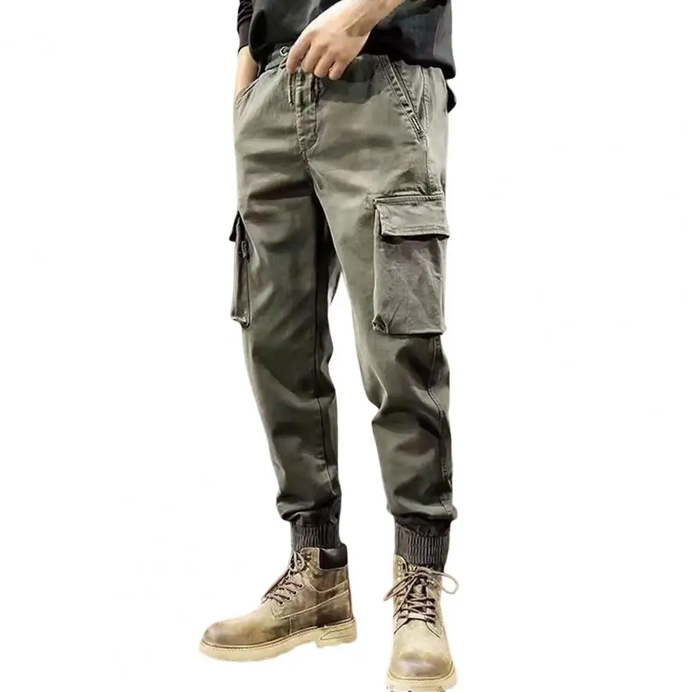 

Men Cargo Pants Solid Color Elastic Waists Multi Pockets Bottoms Drawstring Pants Streetwear