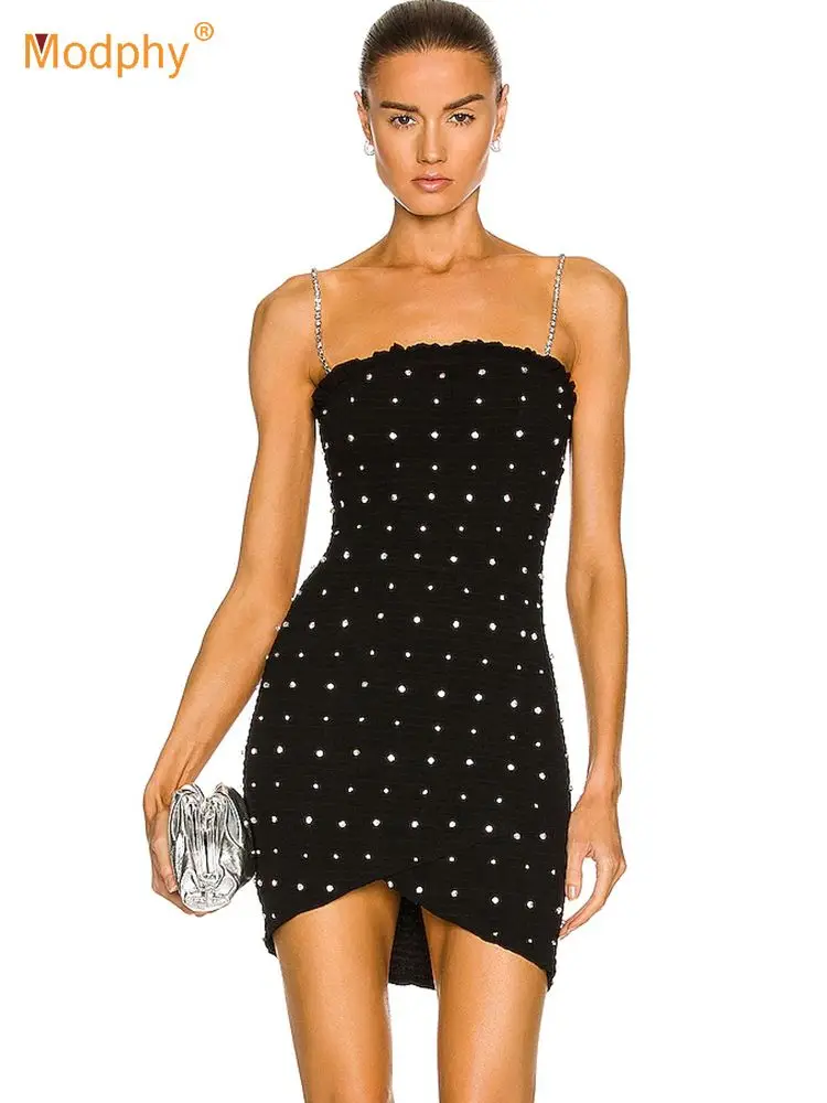 

Black Diamond Bandage Mini Dress For Women's Sexy Spaghetti Strap Bodycon Mini Dresses Club Party Clothing 2022 Summer New