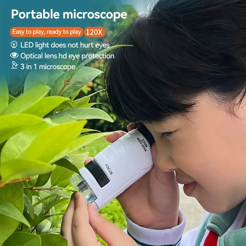 

Portable Kids Microscope Kit 60-120x Educational Mini Pocket Microscope With LED Light Home School Science Supplies Hand 1600X