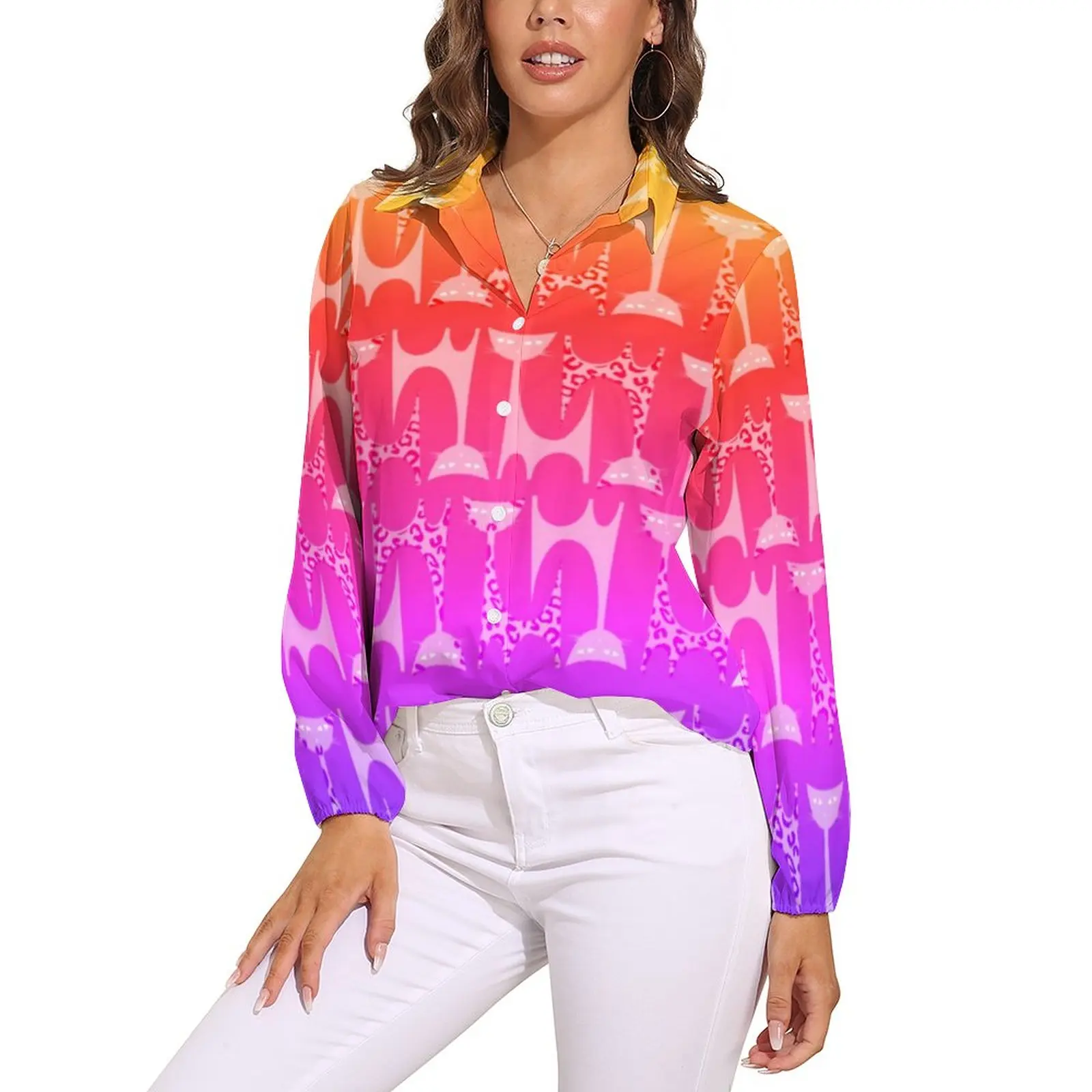 

Abstract Cat Blouse Woman Ombre Print Street Style Loose Blouses Long Sleeve Vintage Shirt Design Clothes Big Size