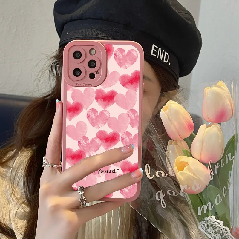 

Ottwn Candy Color Love Heart Pattern Phone Case For iPhone 14 7 8 Plus SE20 11 12 13 Pro Max Mini X XR XS Max Soft Silicon Cover