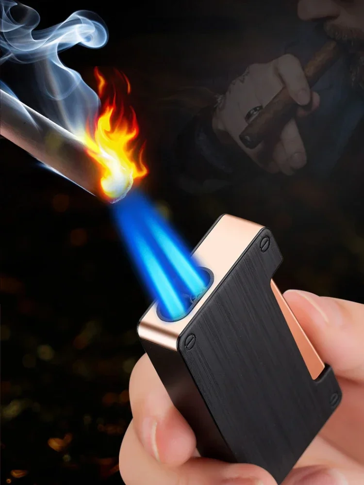 

Factory direct-sale double-direct cigarette lighter creative blue flame side press cigar lighter smoking accessories gift