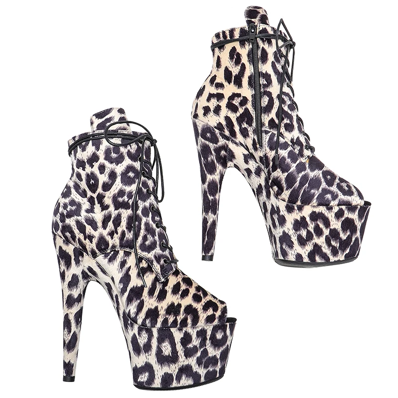 Leecabe 17CM/7inches ankle boots  leopard upper open toe   platform party  shoes Pole Dance boot