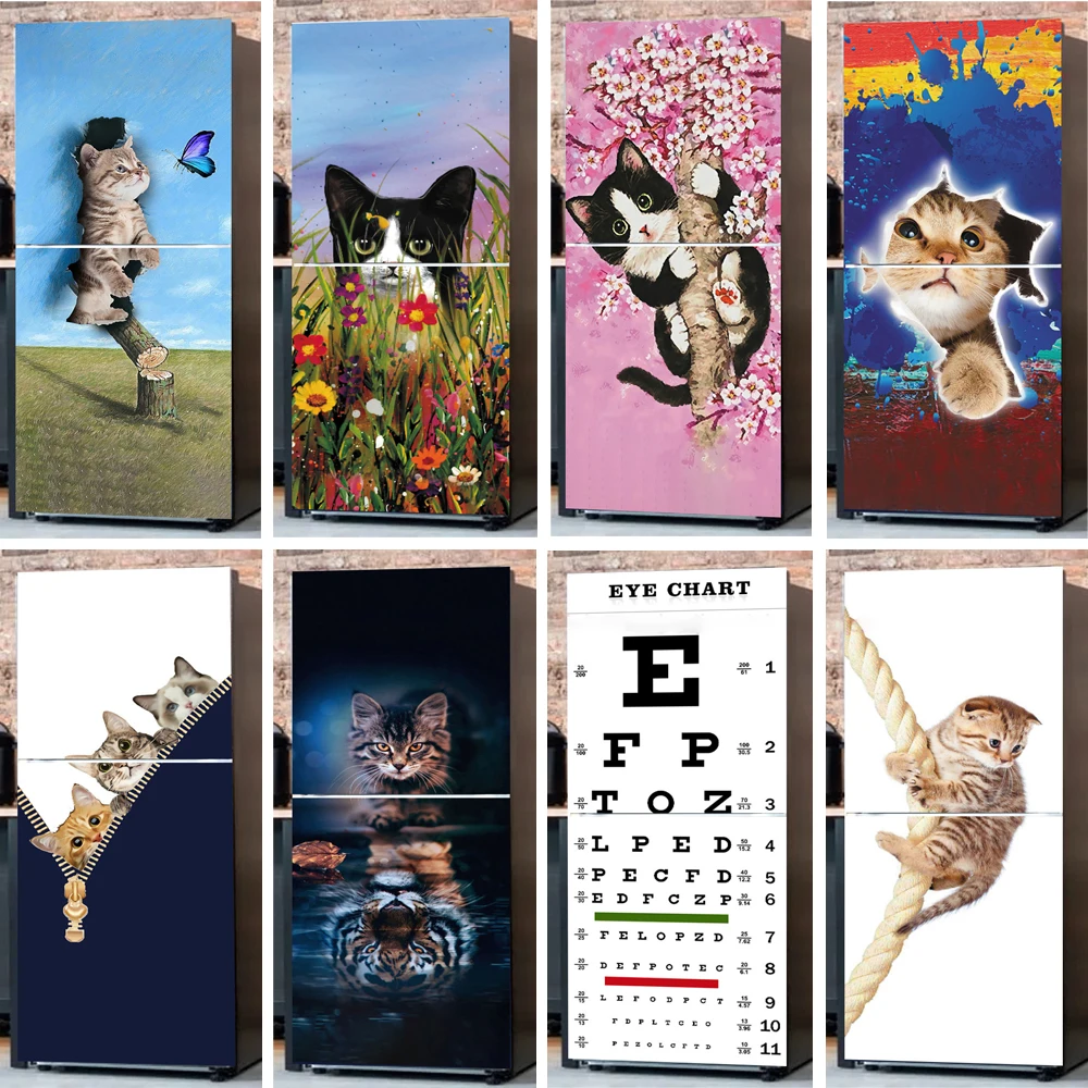

Creative Fantasy Cat Fridge Door Cover Mural Sticker Self Adhesive Waterproof PVC Eye Chart Kitten 3D Wallpaper Full Door Decals