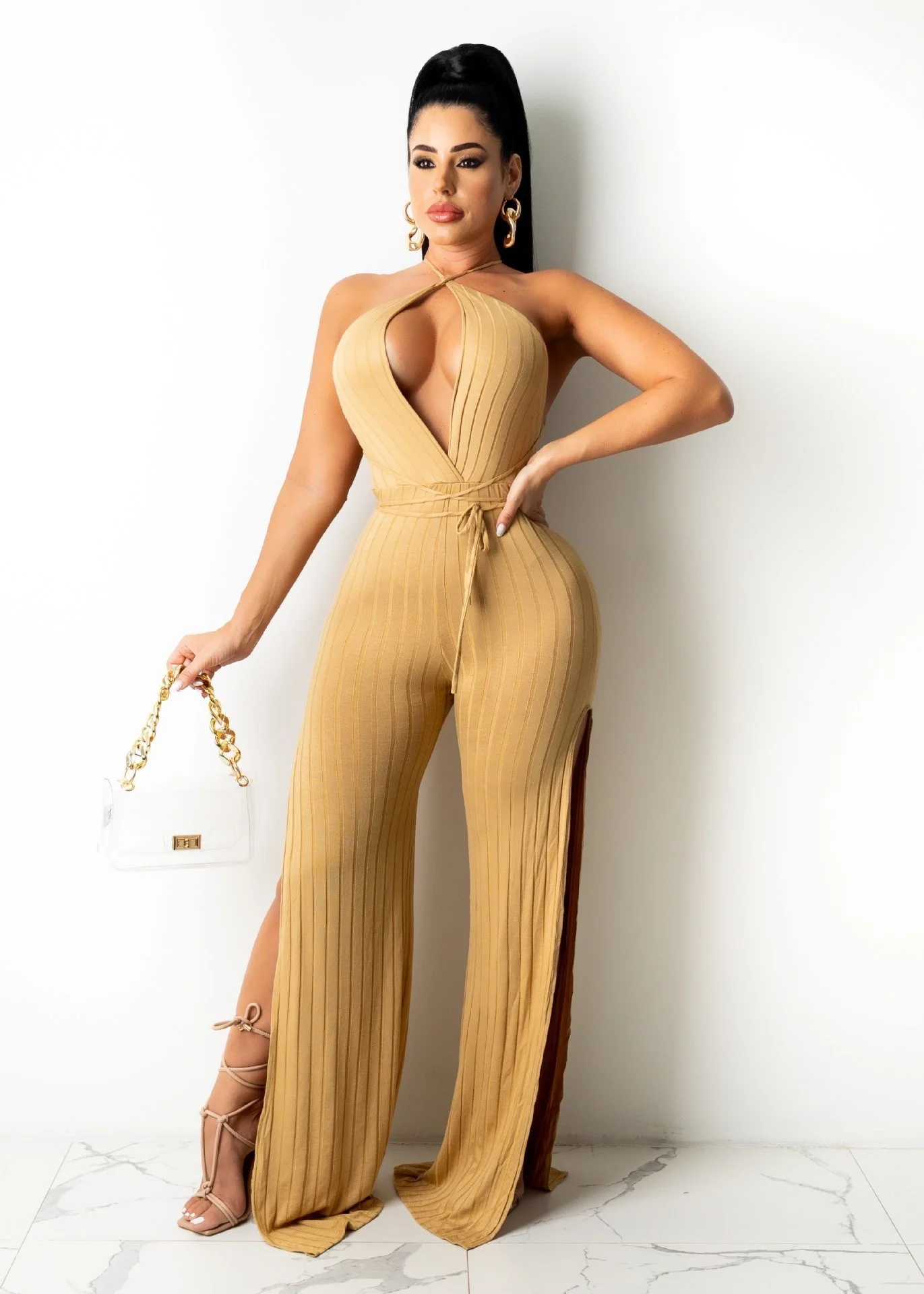 

Cutubly Elegance Playsuits For Women Wide Leg Pants Split Party Club V-neck Overalls Jumpsuits Womens Halter Jumpsuit Rompers