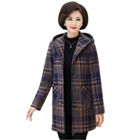 autumn winter wool coat women clothing tops hooded lattice woolen coat elegant female coats loose size long sleeve coats 1815