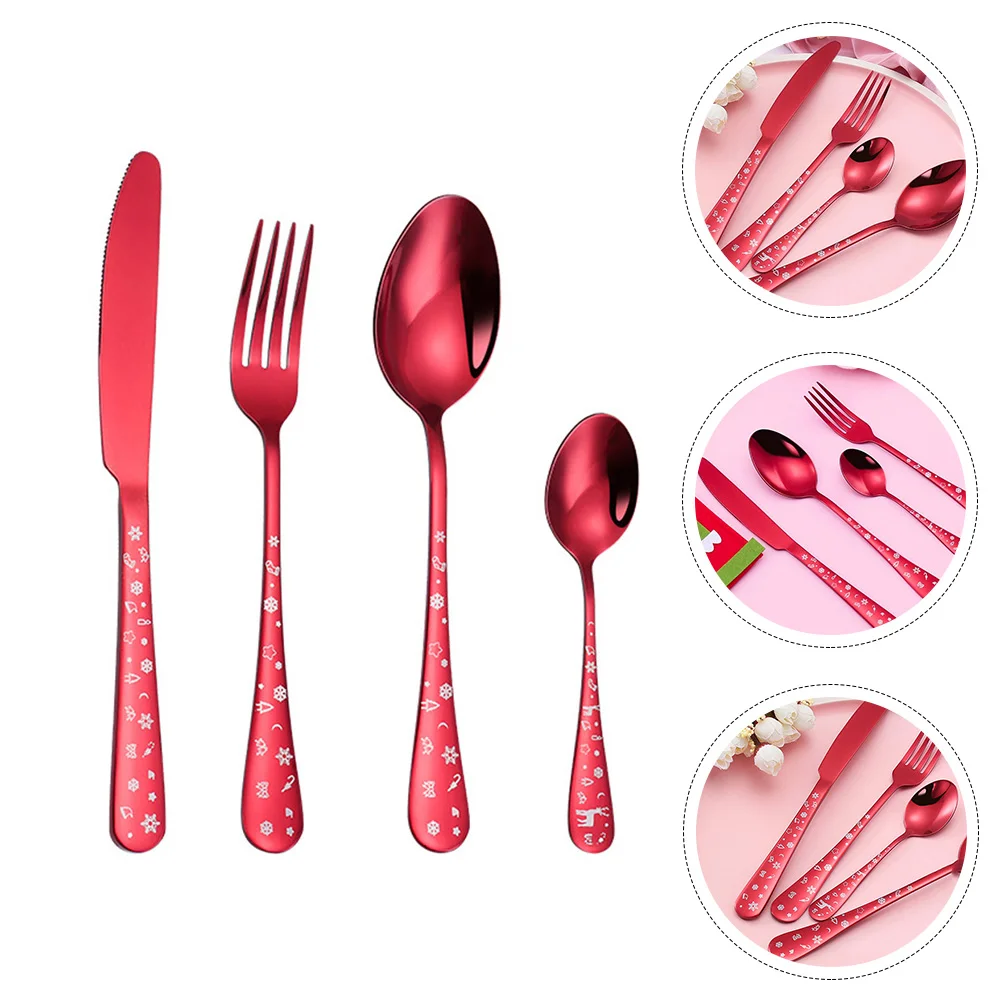 

Set Cutlery Steel Spoon Stainless Christmas Tableware Fork Red Eating Flatware Utensils Silverware Buffet Utensil Holiday Sets
