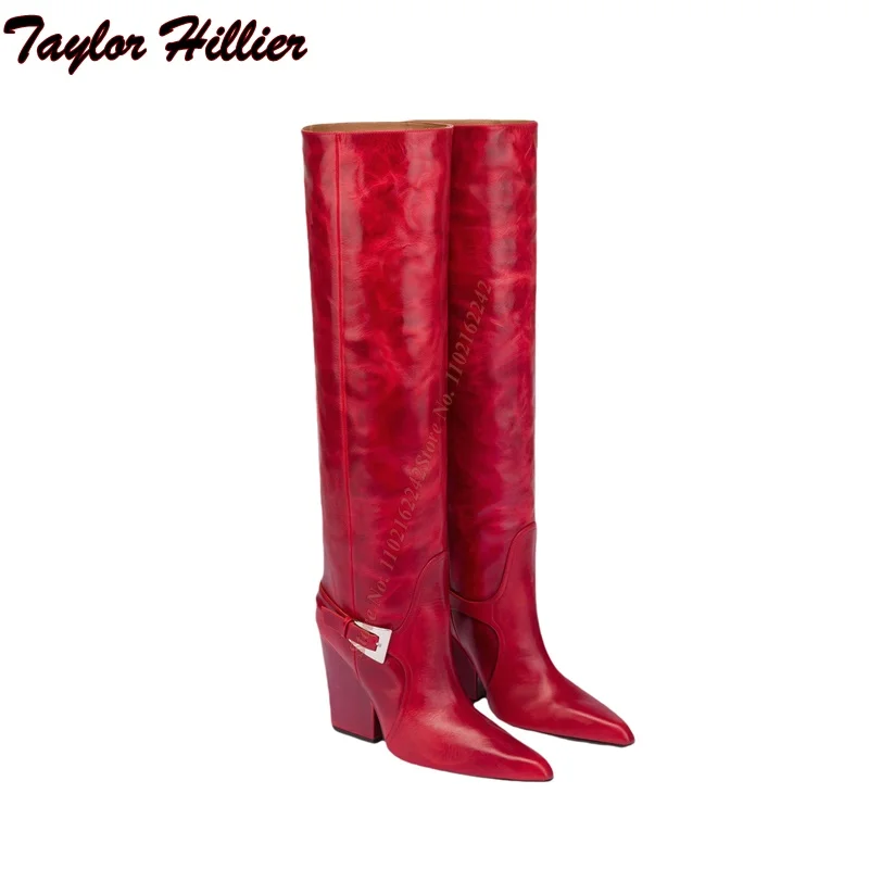 Зимние красные сапоги до колена из натуральной кожи с пряжкой на ремне прямые