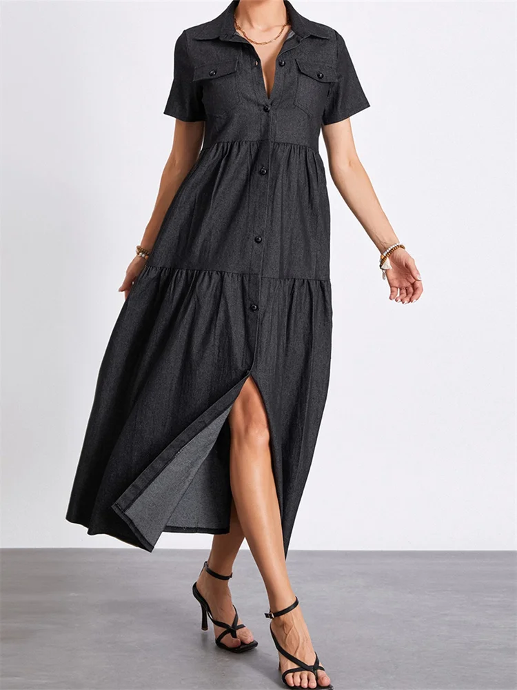 

CHRONSTYLE Women Denim Long Dresses Short Sleeve Turn Down Collar Button Up Loose Casual Dress Summer Party Female Vestidos 2024