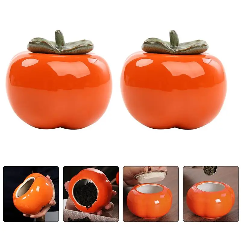 

2pcs Ceramic Tea Canisters Persimmon Shaped Sealing Jars Tea Tanks (Assorted Color)