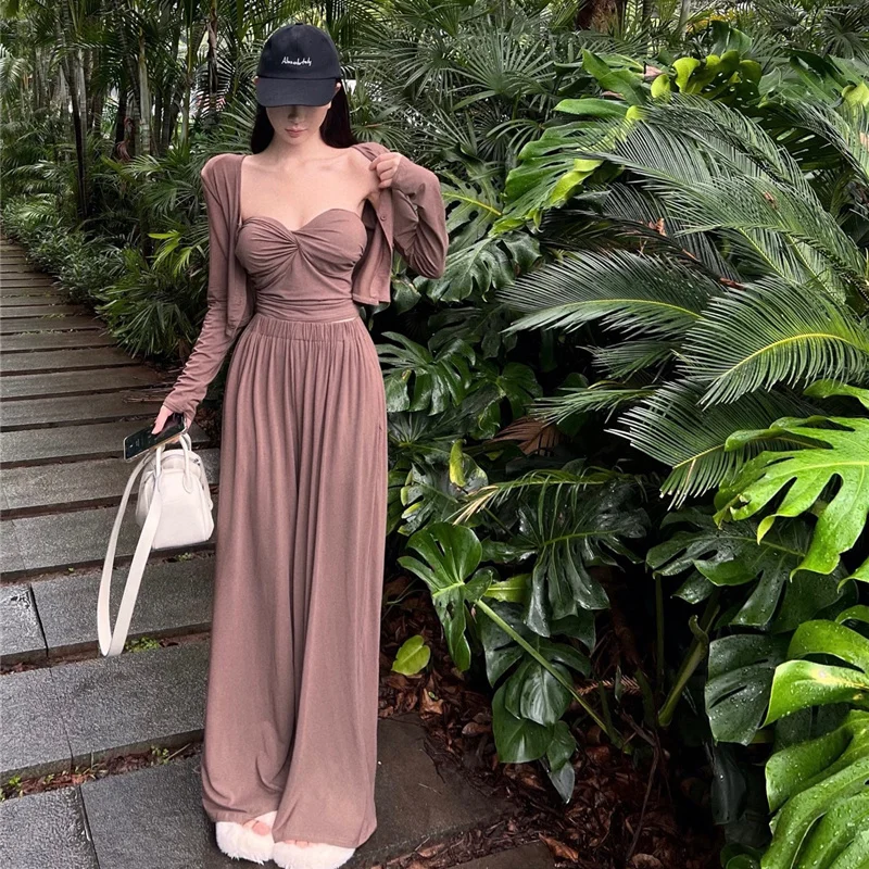 

2023 Women Summer New Three Piece Sets Female Short Cardigan Coat + Slim Vest Tops Ladies Long Loose Wide-leg Pants Suits E32