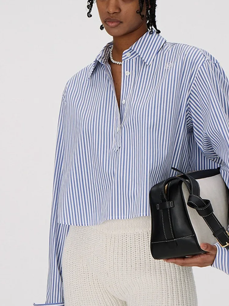 

Women Blouse Striped Embroidery Logo Casual Short Shirt