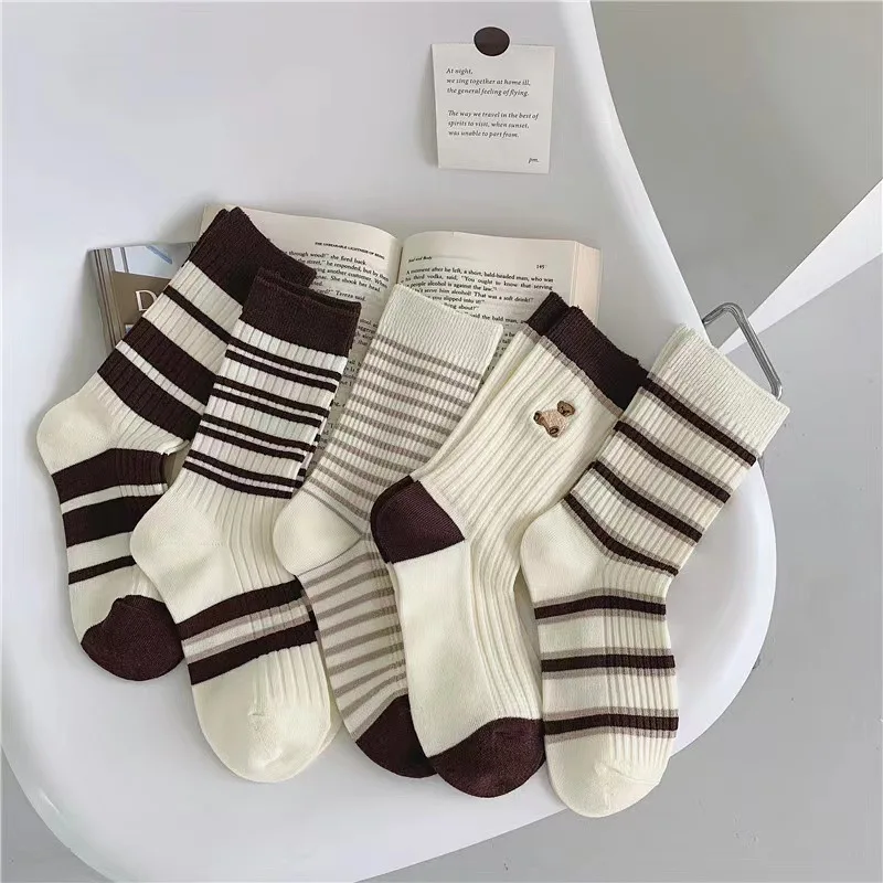 

Coffee White Cotton striped socks for women casual cartoon girs sock calcetines