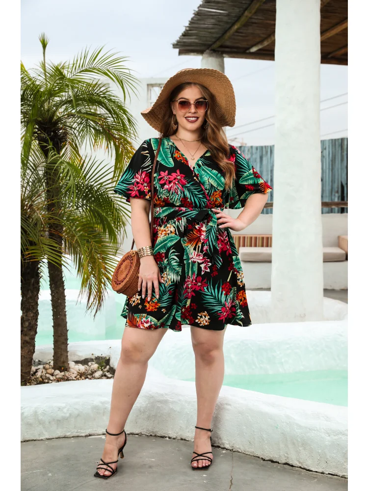 Flower Print Leisure Holiday Dress Bohemian Beach Tourism V-Neck Lace Dress Plus Size Women's Dress