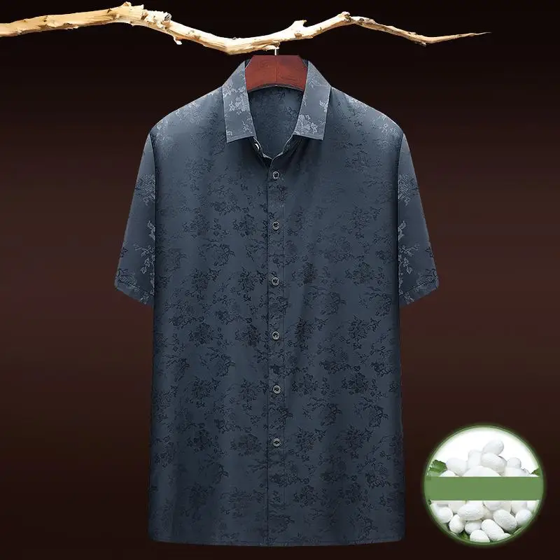

Summer Male New Short Sleeve 92% Silk Satin Top Chinese Style Print Soft Comfortable Casual Shirt Men Leisure Streetwear Costume