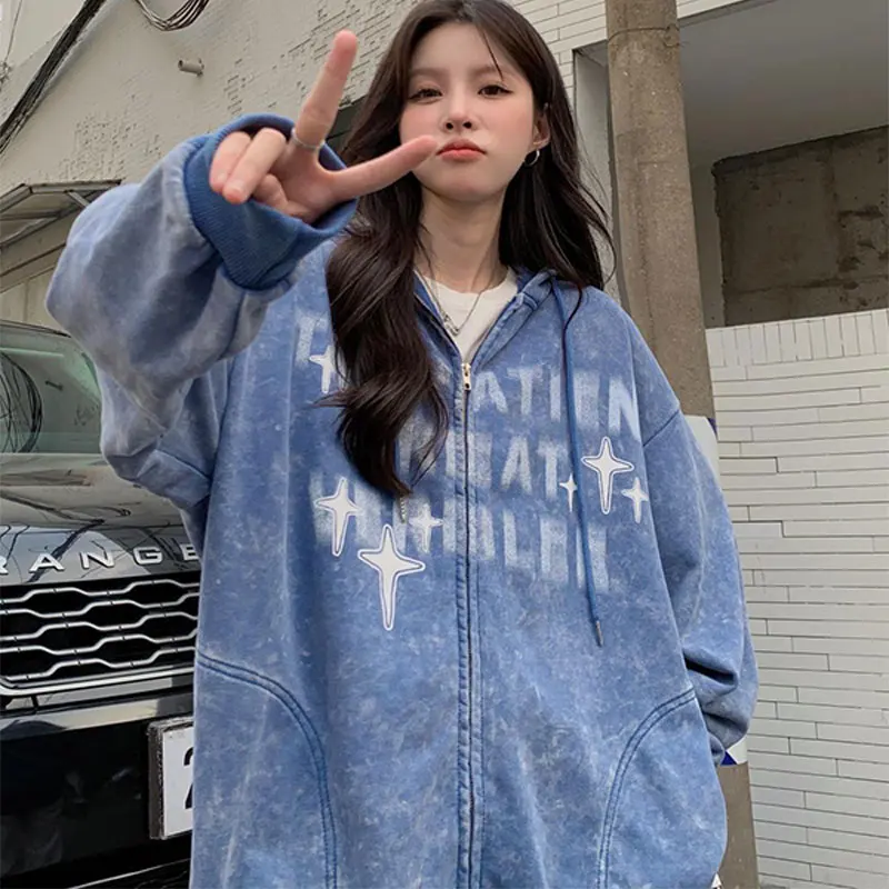 

Y2K Tops Gothic Embroidery Hoodies Women Retro Harajuku Hip Hop Jacket High Street Zip Up Hoodie Casual Loose Sweatshirt Clothes