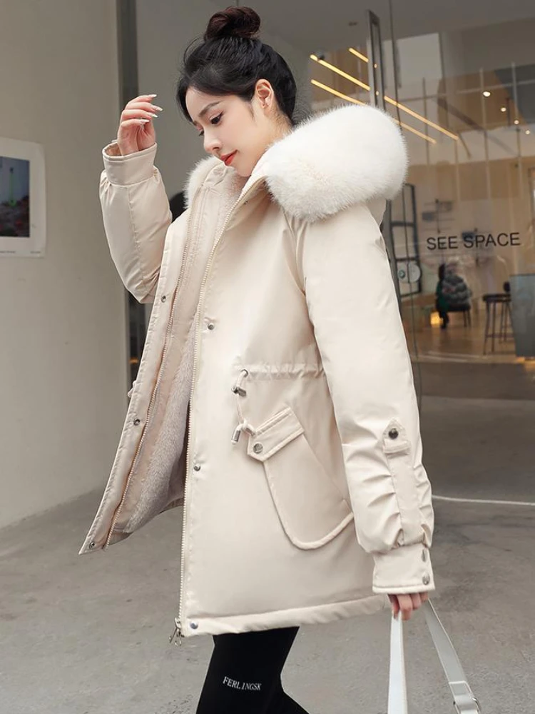 Winter Jacket Sustans Women Parkas 2022 New Snowsuit Fashion Korean Loose Long Sleeves Coats Fur Collar Solid Female Clothes