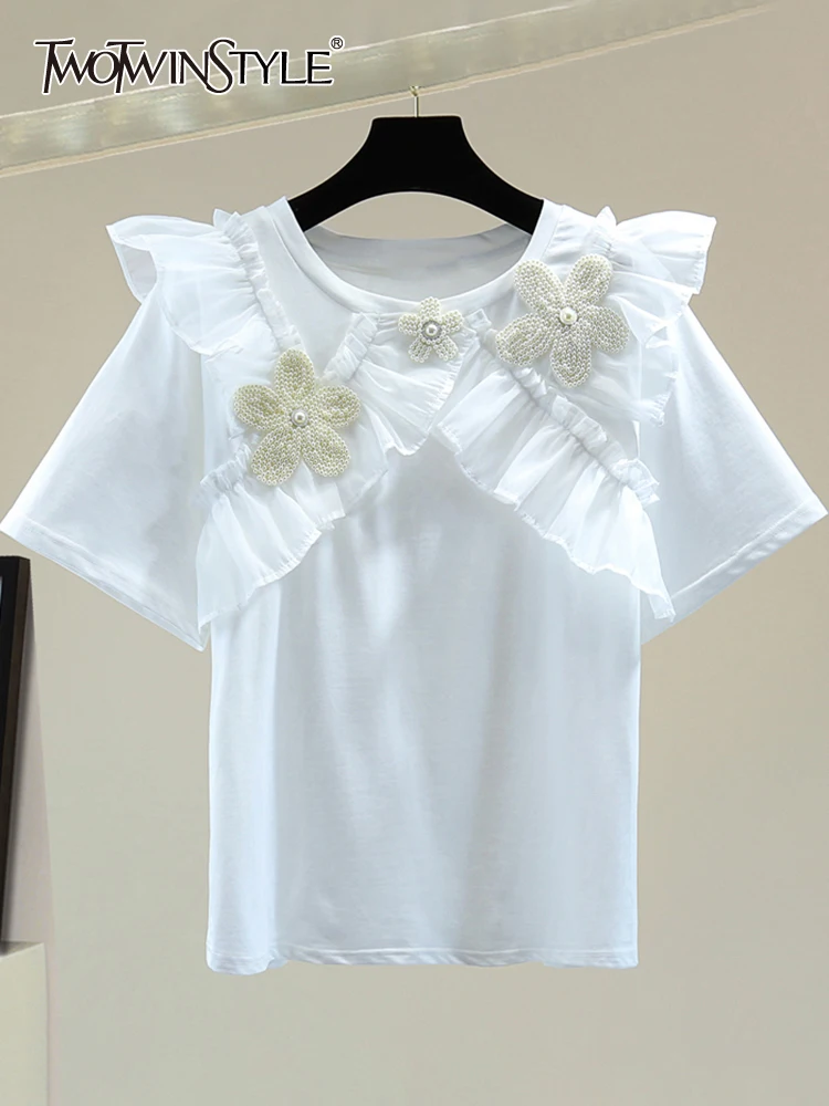 

TWOTWINSTYLE Loose Patchwork Floral T Shirt For Women Round Neck Short Sleeve T Shirts Female Summer Clothing Style New 2022