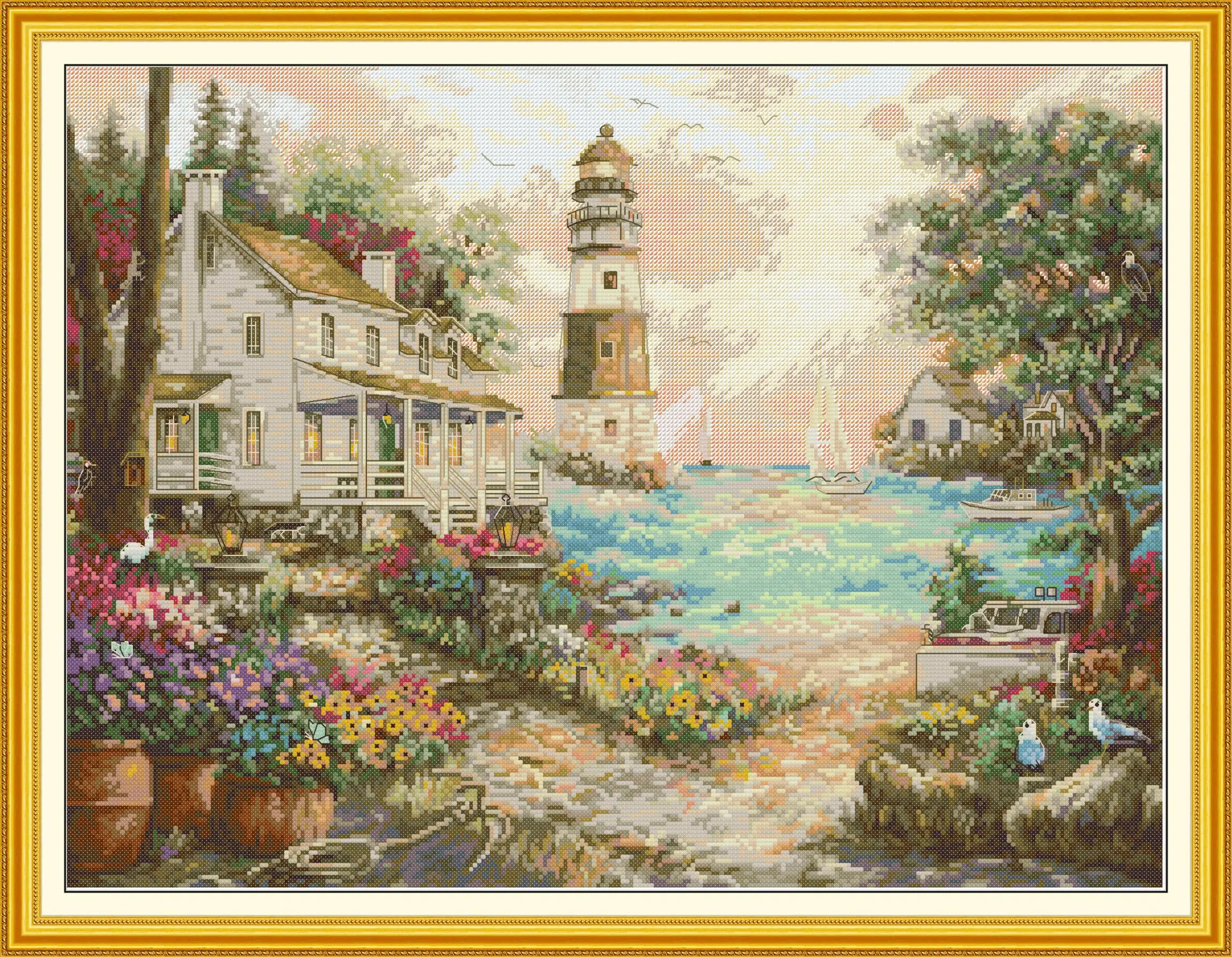 

Joy Sunday Pre-printed Cross Stitch Kit Easy Pattern Aida Stamped Fabric Embroidery Set-Cottage By The Sea