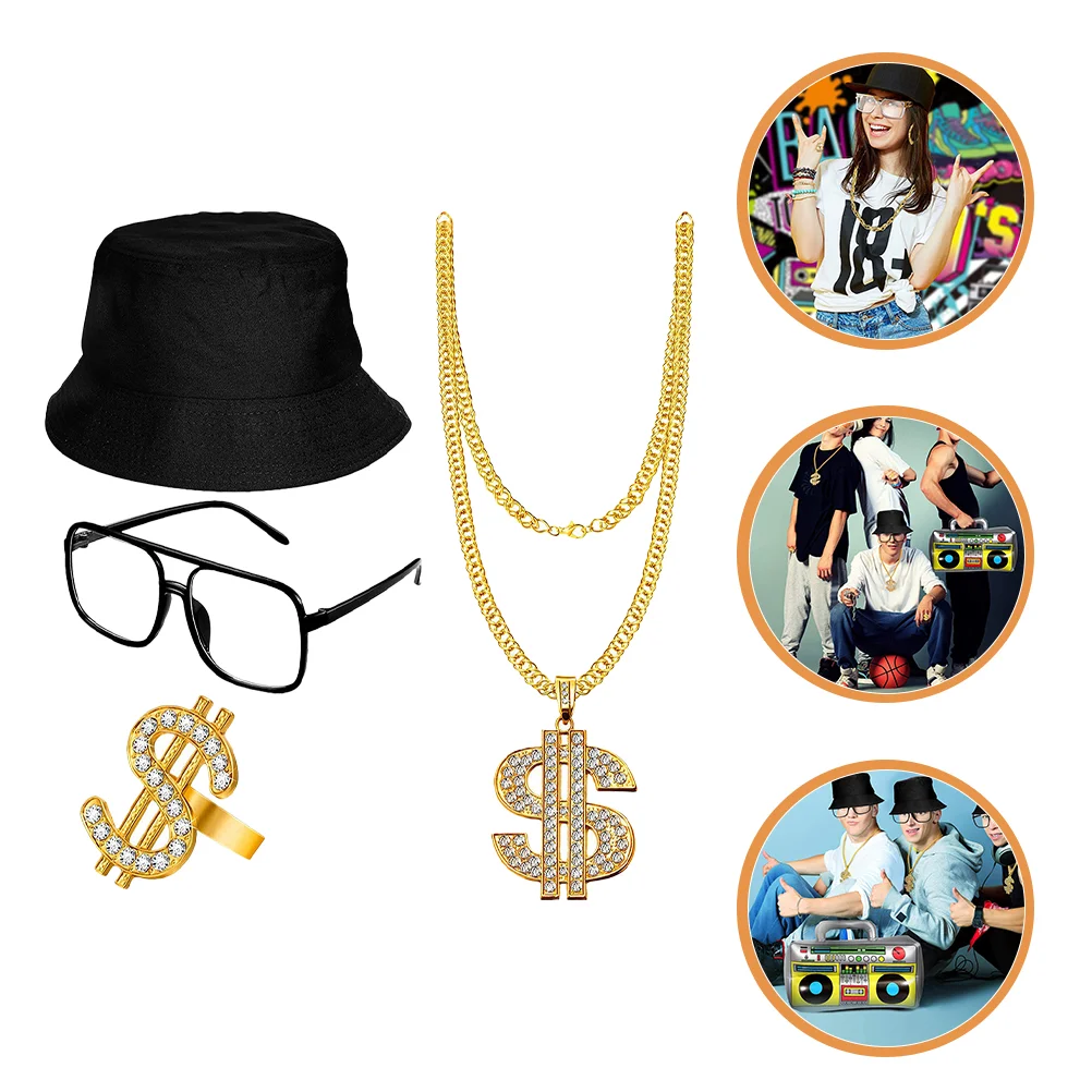 

4pcs Men Hip Hop Hip Hop Chain Ring Eyeglasses Hat Rapper Accessories