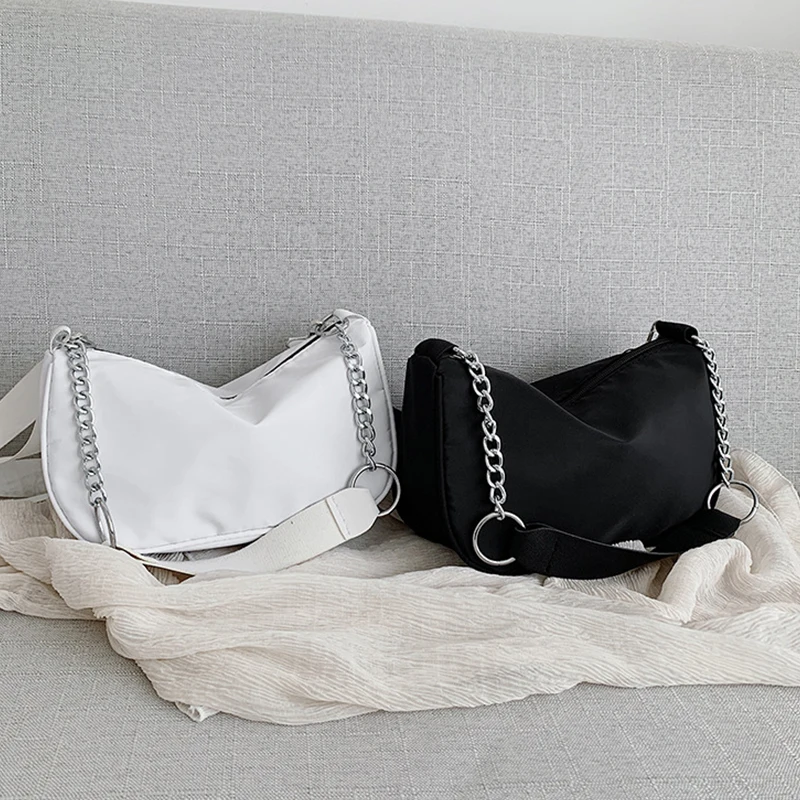 

Fashion White/black Underarm Bag For Women Nylon One Shoulder Chain Shoulder Strap Handbag Femal Solid Messenger Bags